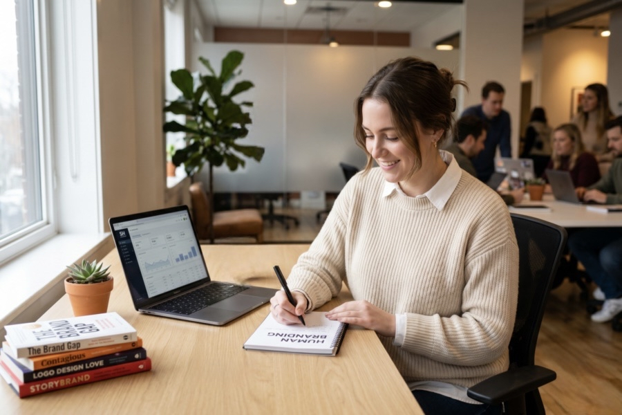 Una profesional del marketing digital trabajando de forma creativa en la oficina de SH Management, reflejando cercanía y marca personal humana.